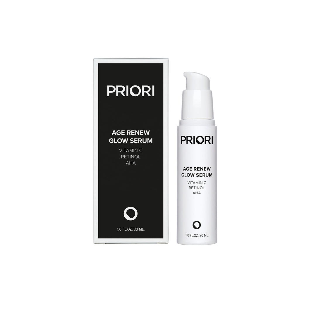 Priori Age Renew Glow Serum Anti aging cream with retinol, Vitamin C, and AHA with packaging on a white background 1