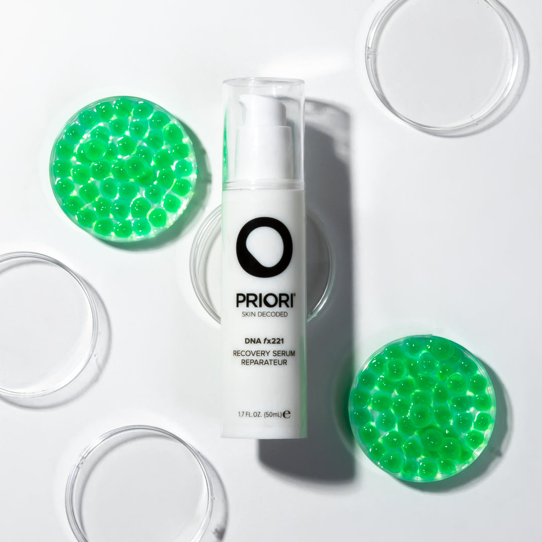 PRIORI DNA Recovery Face Serum Product on White Background with Green Microbe accents 3
