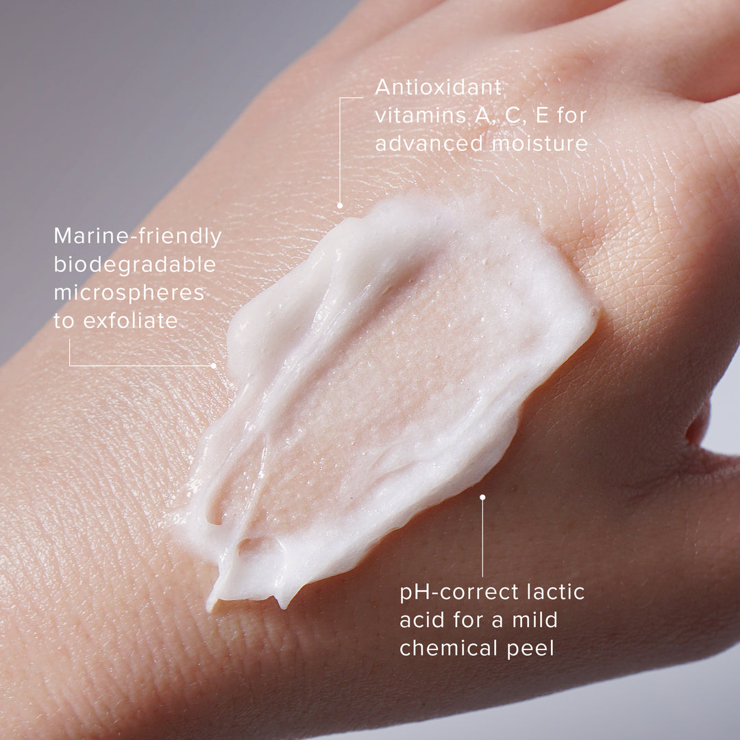 PRIORI fx160 2xFoliant Exfoliating Facial Peel and Shower Scrub Product Features and Microdermabrasion shown on model hand 3