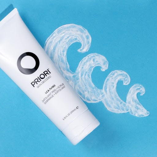 PRIORI fx160 2xFoliant Exfoliating Facial Peel and Shower Scrub with blue background 4