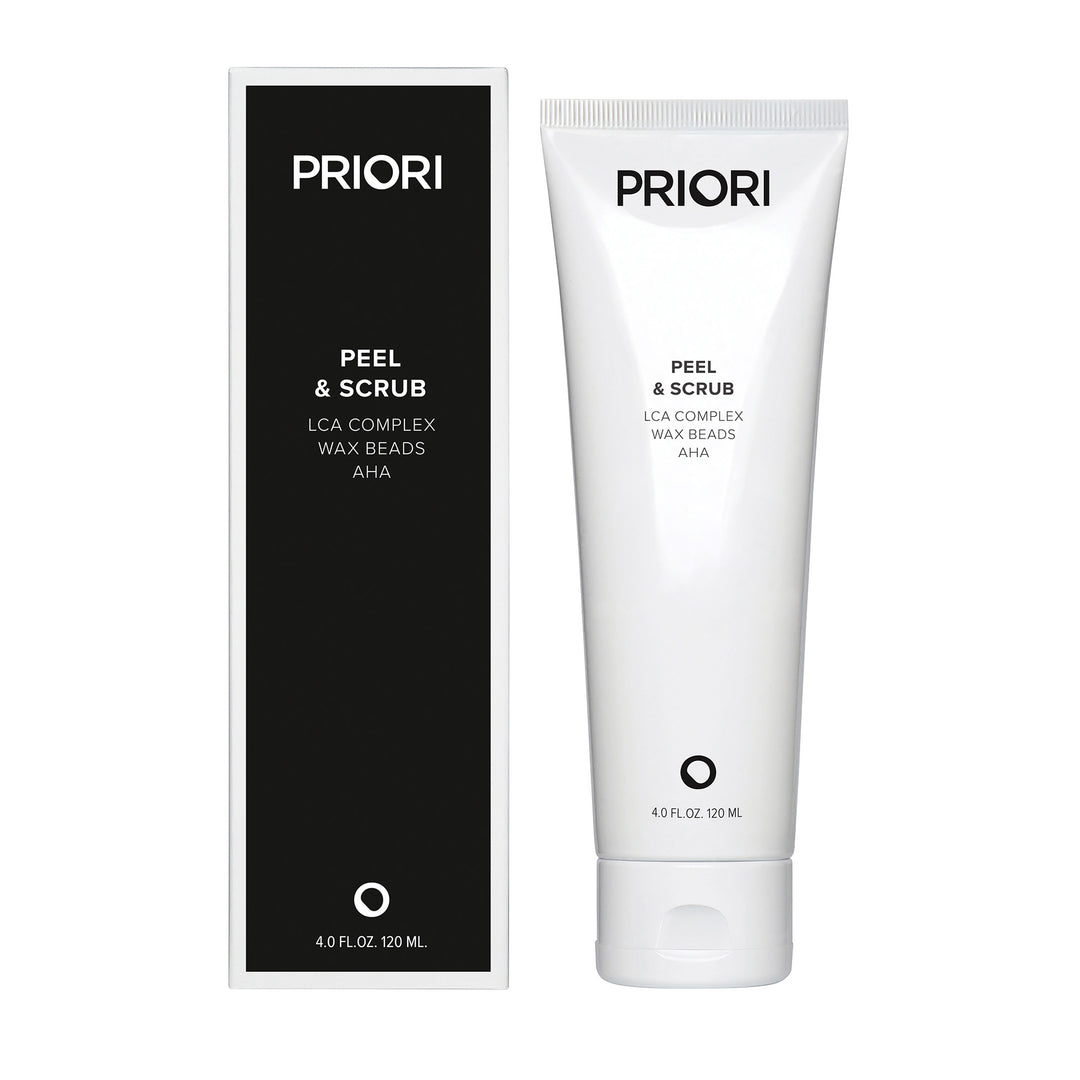 Priori LCA Peel & Exfoliating Face Scrub new product packaging on a white background 1