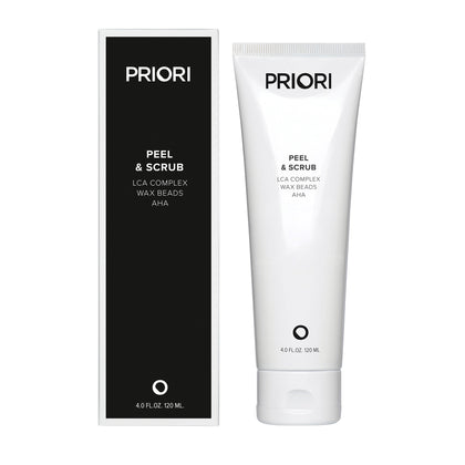 Priori LCA Peel & Exfoliating Face Scrub new product packaging on a white background
