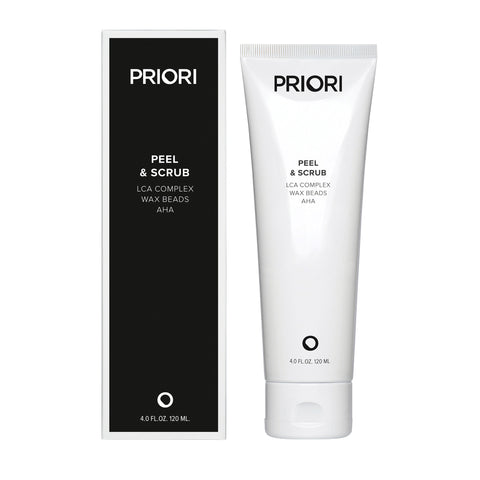 Priori LCA Peel & Exfoliating Face Scrub new product packaging on a white background
